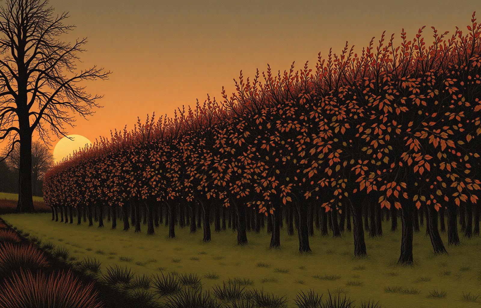 A British hedgerow at dusk in late October, in a woodcut style